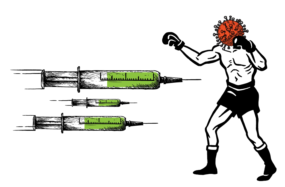 A drawing of syringes filled with green liquid that appear to be facing off in a boxing match with a human boxer who has a virus for a head.